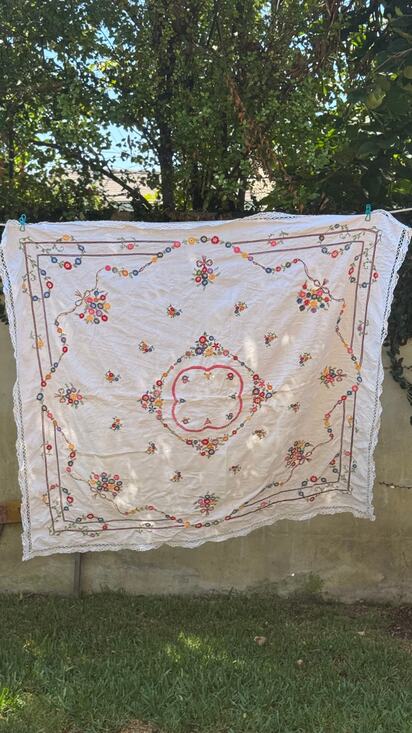 Vintage Other - Vintage Hand Embroidered Linen Tablecloth 51"x55" Drawn Thread Lace Border
